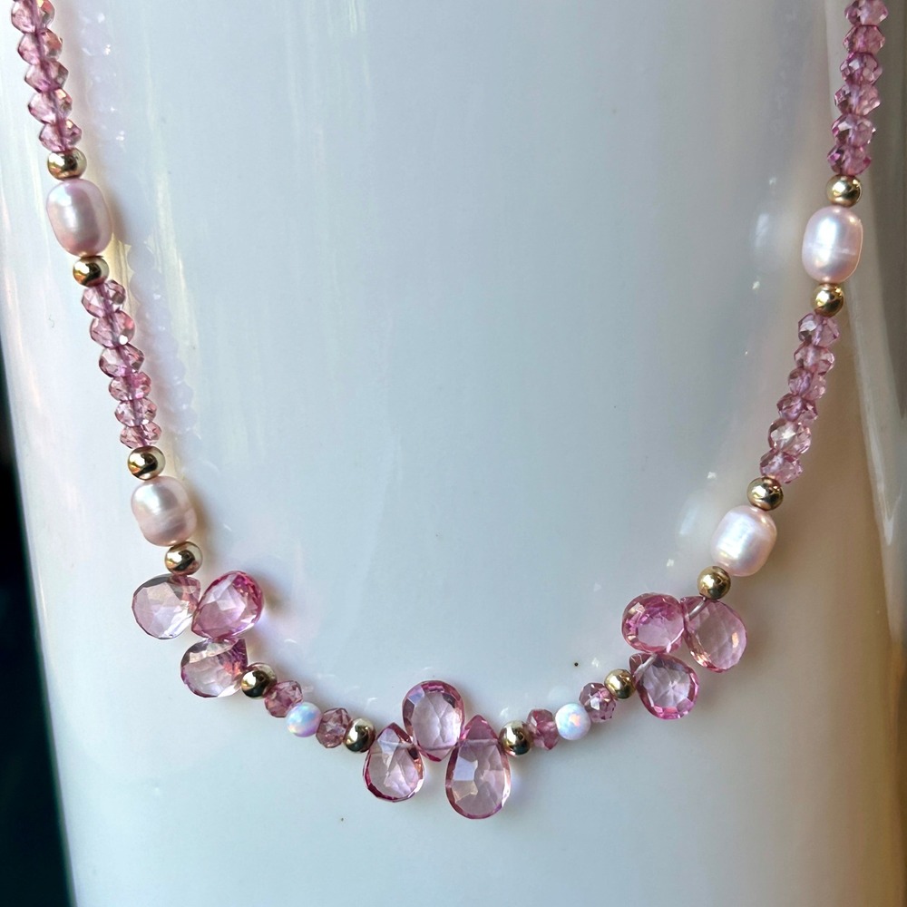 Beaded Necklace Pink Tourmaline Pearl Opal Gold- filled Clasp 16-18"